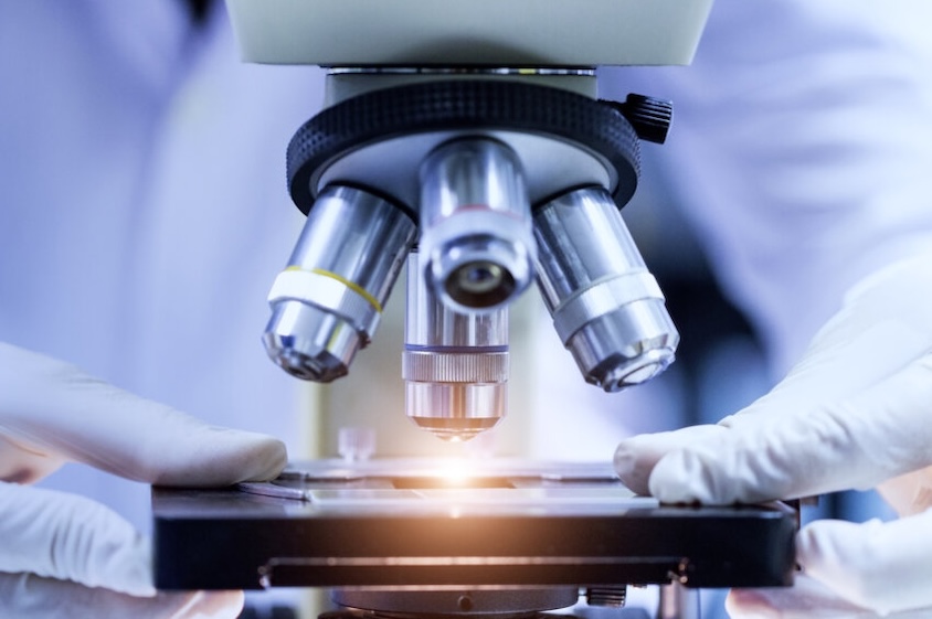 Lupus research being conducted under a microscope with a scientist wearing white gloves