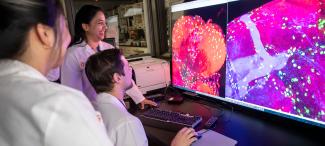 researchers gathered in front of large computer screen